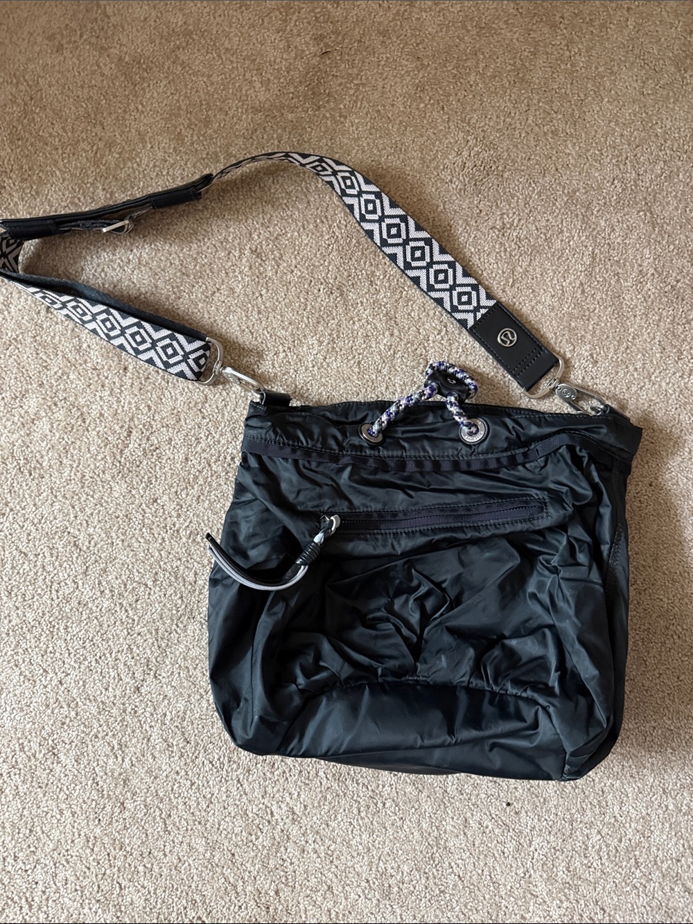 Black Nylon Crossbody Bag with Patterned Strap